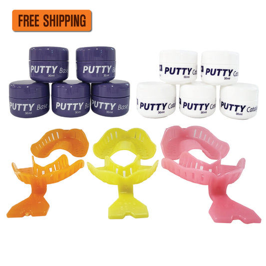 E&E VPS Putty + Tray Kit – 5 Sets of 30ml (45g) Base & Catalyst + 6 Upper & Lower Impression Trays (Large, Medium, Small)